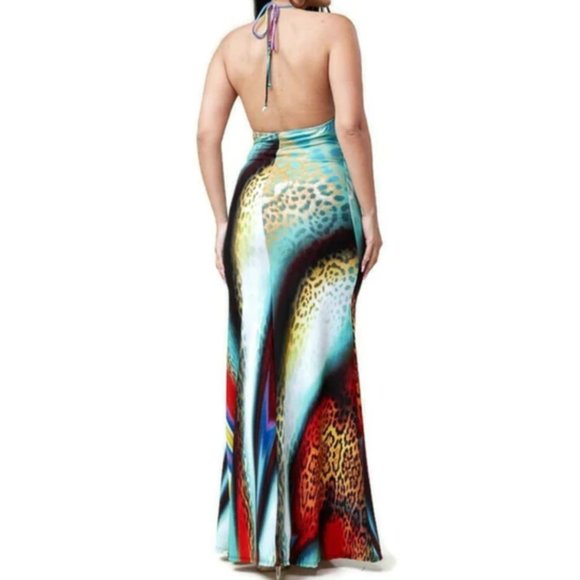 Alina Neon Leopard Print Halter Maxi Sundress - Picture 4 of 5